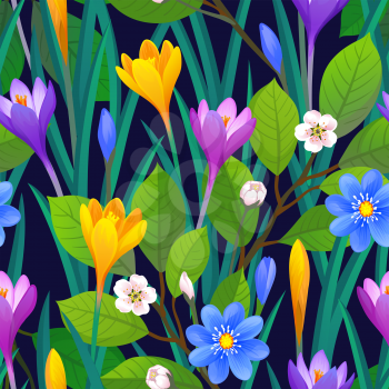 Floral seamless pattern with crocuses and cherry blossom. Vector illustration of leaves and flowers. Spring and summer background.