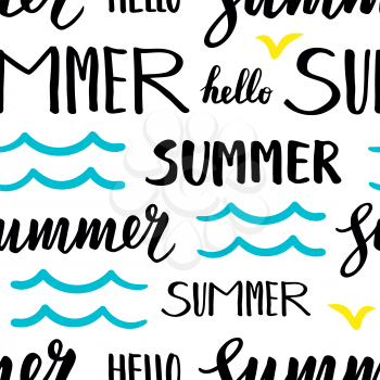 Seamless pattern with Summer text and doodle waves. Calligraphic lettering .