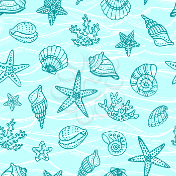 Seamless pattern with doodle sea creatures. Summer watercolor background. Water waves. Hand drawn vector illustration.