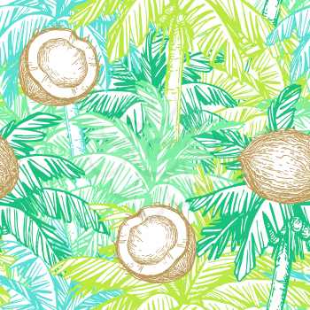 Seamless pattern. Ink sketch of coconut and palm trees. Hand drawn vector illustration