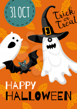 Halloween design. Invitation or greeting card. Banner template. Flat style vector illustration. Cute characters. Ghost in hat.