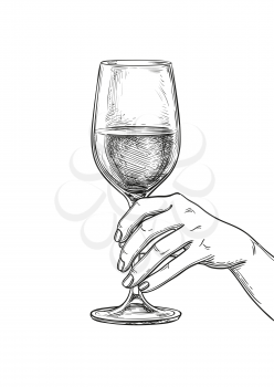 Hand holding a glass of wine. Ink sketch isolated on white background. Hand drawn vector illustration. Retro style.