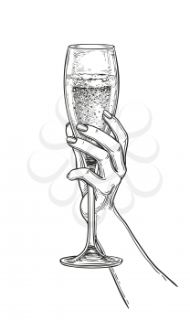 Hand holding a glass of champagne. Ink sketch isolated on white background. Hand drawn vector illustration. Retro style.