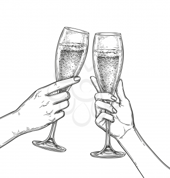Two hands clinking glasses of champagne. Ink sketch isolated on white background. Hand drawn vector illustration. Retro style.