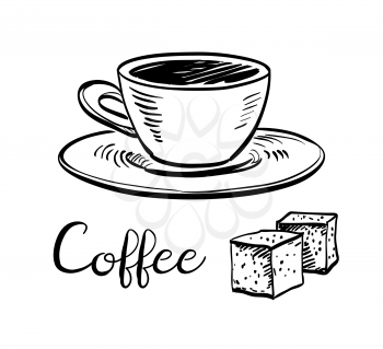 Cup of coffee and sugar cubes. Ink sketch isolated on white background. Hand drawn vector illustration. Retro style.