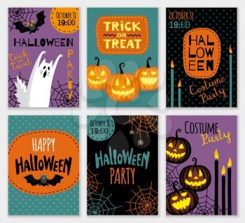 Collection of halloween banner templates. Flat style vector illustration. Cute characters. Invitations or greeting cards.