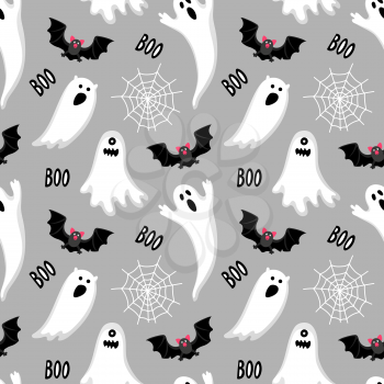 Halloween seamless pattern with ghosts, bat and spider web.