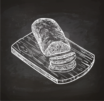 Ciabatta bread on cutting board. Retro style chalk sketch. Hand drawn vector illustration.
