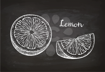 Lemon slices. Chalk sketch on blackboard. Hand drawn vector illustration. Retro style.