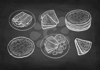 French crepes or Russian blinis. Chalk sketches set on blackboard background. Hand drawn vector illustration. Retro style.