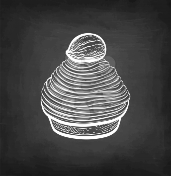 Mont Blanc dessert with chestnuts. French pastry. Chalk sketch on blackboard background. Hand drawn vector illustration. Retro style.