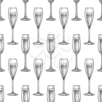 Seamless pattern with glass of champagne. Ink sketch isolated on white background. Hand drawn vector illustration. Retro style.