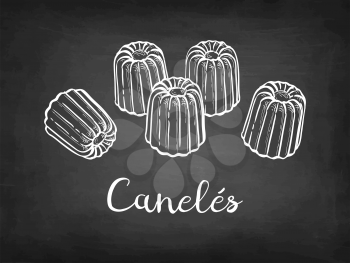 Canele. French pastry. Chalk sketch on blackboard background. Hand drawn vector illustration. Retro style.