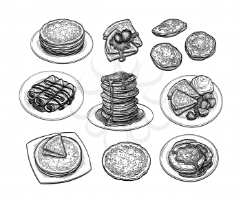 Pancakes and French crepes or Russian blinis with strawberries and syrup. Ink sketch collection. Isolated on white background. Hand drawn vector illustration. Retro style.