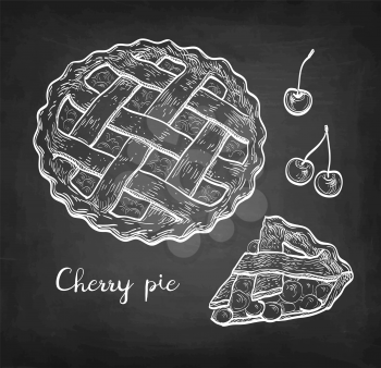 Cherry pie. Chalk sketch on blackboard background. Hand drawn vector illustration. Retro style.