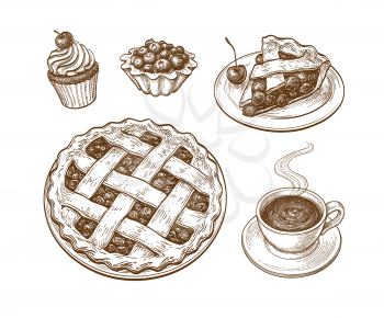 Cakes and pies with fresh berries. Ink sketch isolated on white background. Hand drawn vector illustration. Retro style.