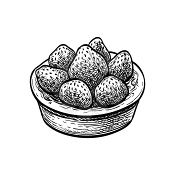 Fruit tart with fresh strawberry. Ink sketch isolated on white background. Hand drawn vector illustration. Retro style.