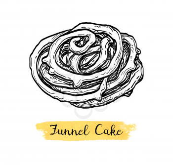 Funnel cake. Ink sketch isolated on white background. Hand drawn vector illustration. Retro style.