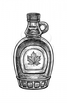 Maple syrup bottle. Ink sketch isolated on white background. Hand drawn vector illustration. Retro style.