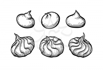 Meringue cookies. Ink sketch isolated on white background. Hand drawn vector illustration. Retro style.