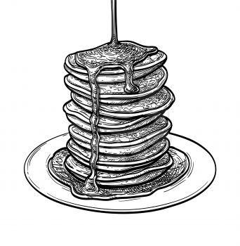 Pancakes with maple syrup. Ink sketch isolated on white background. Hand drawn vector illustration. Retro style.