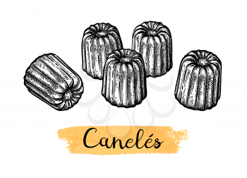 Canele. French pastry. Ink sketch isolated on white background. Hand drawn vector illustration. Retro style.