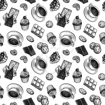 Seamless pattern with cup of tea or coffee and sweets. Ink sketches on white background. Hand drawn vector illustration. Retro style.