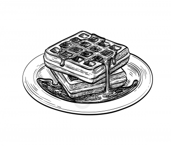 Ink sketch of waffle with syrup topping. Ink sketch isolated on white background. Hand drawn vector illustration. Retro style.