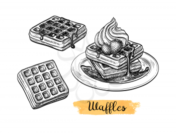 Waffles with cream and strawberry topping. Ink sketch isolated on white background. Hand drawn vector illustration. Retro style.