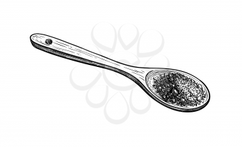 Wooden spoon with cocoa powder. Ink sketch isolated on white background. Hand drawn vector illustration. Retro style. 