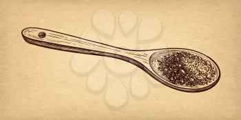 Wooden spoon with cocoa powder. Ink sketch on old paper background. Hand drawn vector illustration. Retro style.