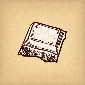 Piece of porous white chocolate. Ink sketch on old paper background. Hand drawn vector illustration. Retro style.