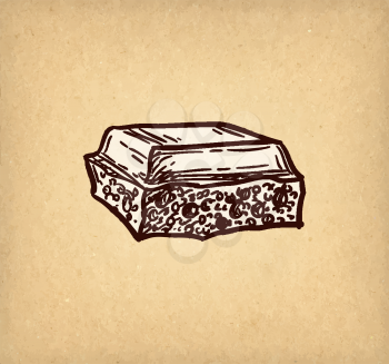 Piece of porous white chocolate. Ink sketch on old paper background. Hand drawn vector illustration. Retro style.
