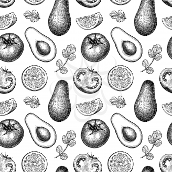 Guacamole sauce ingredients. Seamless pattern with avocado, lime and tomato. Ink sketch isolated on white background. Hand drawn vector illustration. Retro style.