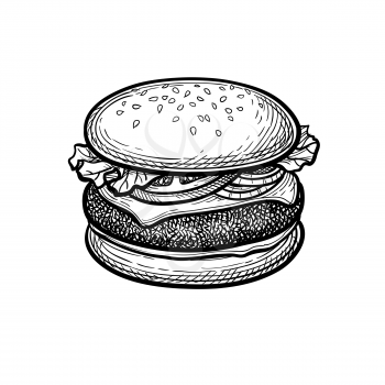 Hamburger. Ink sketch isolated on white background. Hand drawn vector illustration. Retro style.