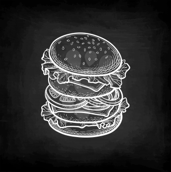 Double patty burger. Chalk sketch on blackboard background. Hand drawn vector illustration. Retro style.