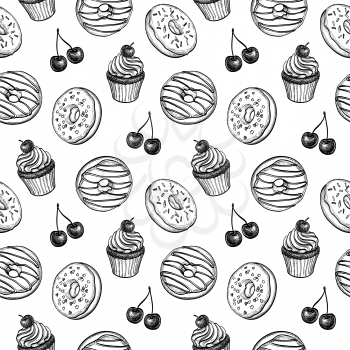 Donats, cupcake and cherry. Seamless pattern. Ink sketches on white background. Hand drawn vector illustration. Retro style.
