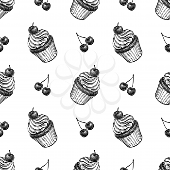 Cupcake with cherry. Seamless pattern. Ink sketches on white background. Hand drawn vector illustration. Retro style.