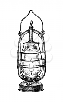 Burning kerosene lamp. Antique oil lantern. Ink sketch isolated on white background. Hand drawn vector illustration. Retro style.