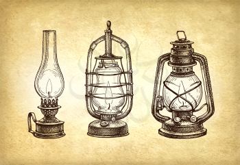 Three types of kerosene lamps. Vintage oil lanterns set. Ink sketch on old paper background. Hand drawn vector illustration. Retro style.