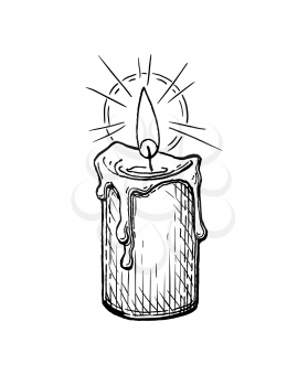 Thick candle burning. Ink sketch isolated on white background. Hand drawn vector illustration. Retro style.