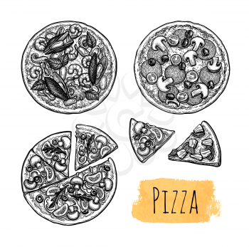 Ink sketch of pizza. Big set. Ink sketch isolated on white background. Hand drawn vector illustration. Retro style.