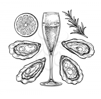 Glass of champagne and oysters with lemon and rosemary. Ink sketch isolated on white background. Hand drawn vector illustration. Retro style.