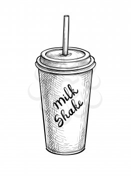 Milkshake in paper or plastic cup with lid and drinking straw. Ink sketch isolated on white background. Hand drawn text. Vector illustration. Retro style.