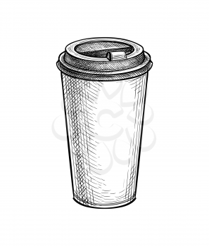 Coffee to go. Paper or plastic cup with lid. Ink sketch mockup isolated on white background. Hand drawn vector illustration. Retro style.