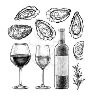 Oysters with lemon and rosemary. Bottle and glass of red and white wine. Ink sketch set isolated on white background. Hand drawn vector illustration. Retro style.