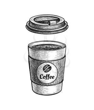 Coffee to go. Paper cup with lid. label with text and bean. Small size. Ink sketch isolated on white background. Hand drawn vector illustration. Retro style.