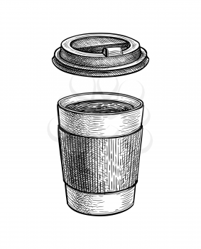 Hot drink in paper cup with lid. Coffee to go. Small size. Ink sketch mockup isolated on white background. Hand drawn vector illustration. Retro style.