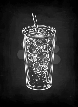 Soda glass with ice and drinking straw. Chalk sketch of cola on blackboard background. Hand drawn vector illustration. Retro style.