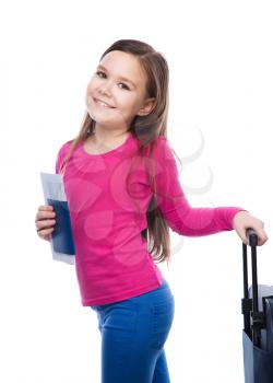 Tourism, vacation concept - smiling girl with travel bag, ticket and passport, isolated over white
